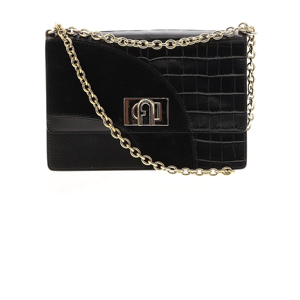 Furla Black Leather Crossbody with Gold Chain